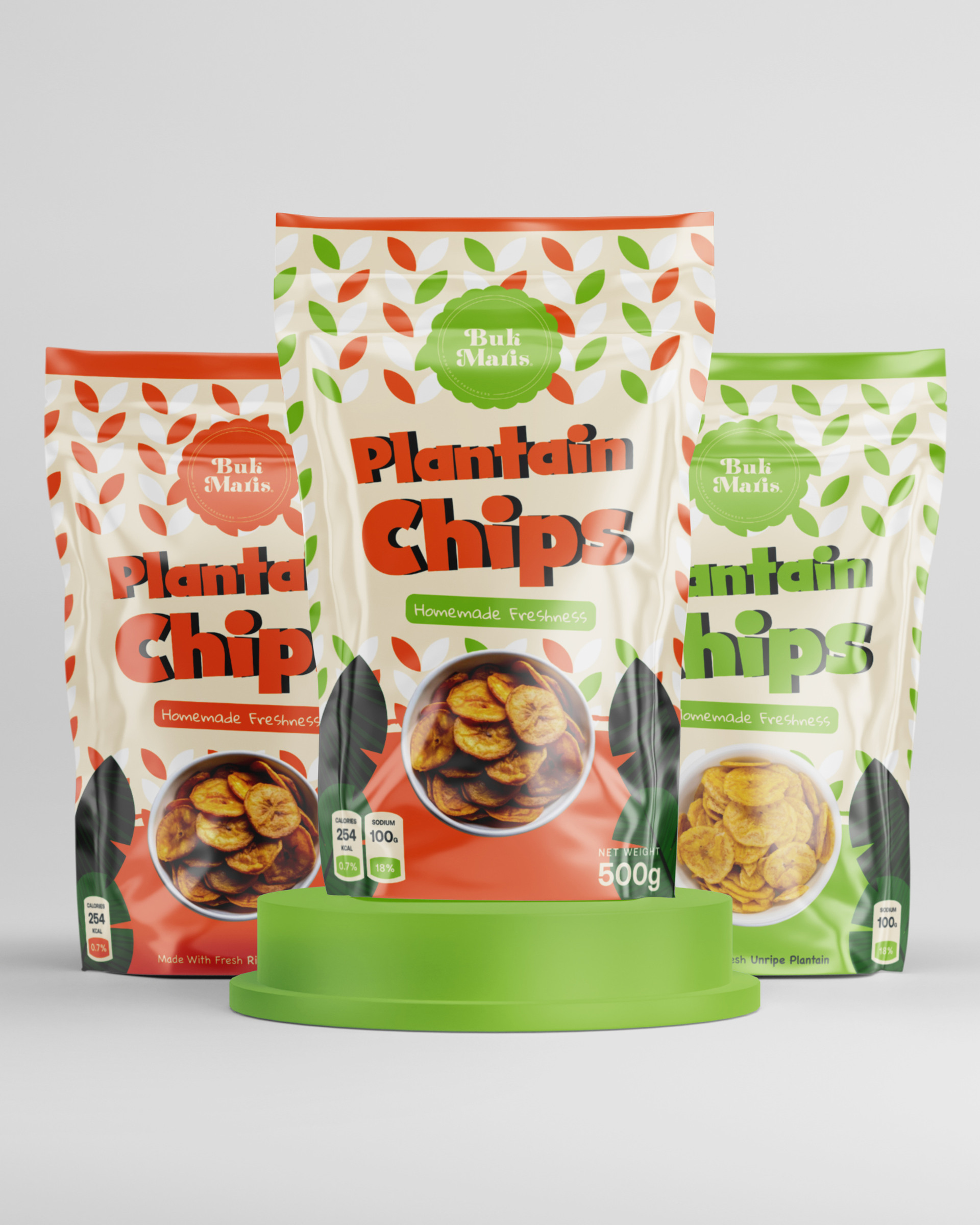 Buk Maris plantain chips packaging range
