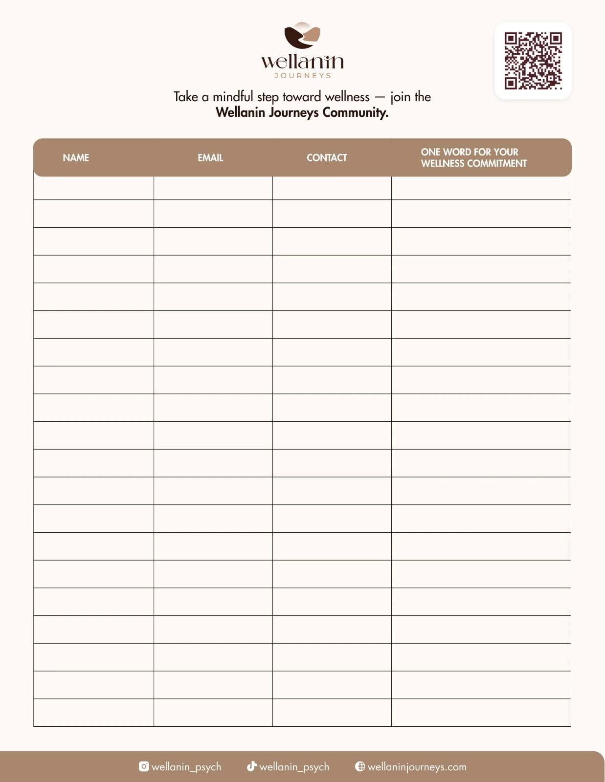 Wellanin Journeys community sign-up sheet